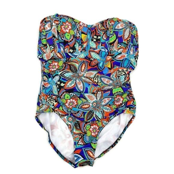 New Swim Solutions Fiesta Print Swimsuit Womens 20 Shirred Bandeau One Piece - Picture 2 of 6